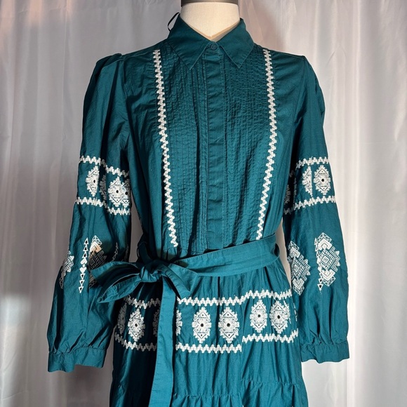 ZARA Sz L Tiered Ruffle Puff Sleeve Hidden Buttons Belted Embroidered Dress - Picture 4 of 10